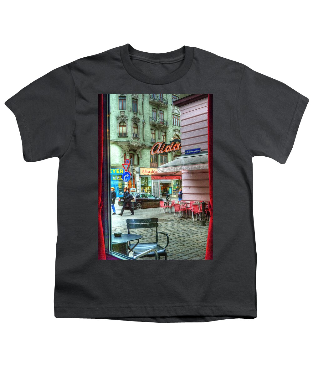 Vienna Youth T-Shirt featuring the photograph VIENNA View from Coffee Shop Window by Juli Scalzi