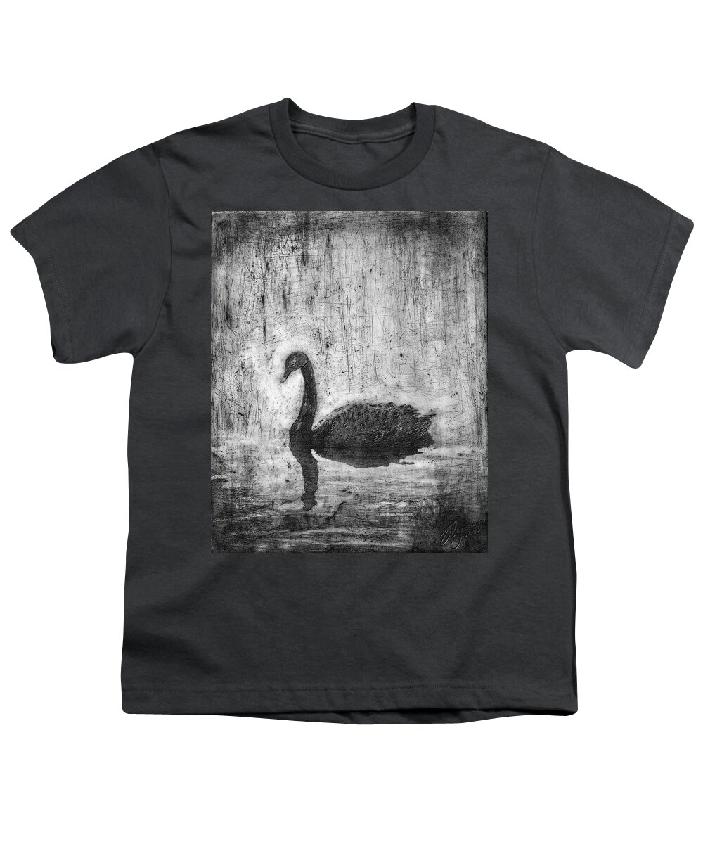Swan Youth T-Shirt featuring the mixed media Black Swan by Roseanne Jones