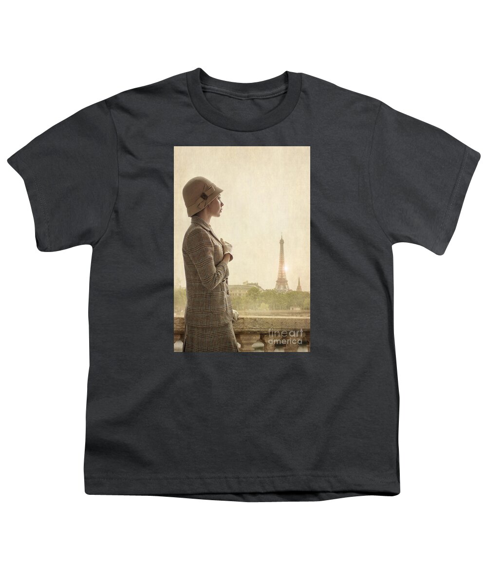 1940's Youth T-Shirt featuring the photograph 1940s Woman With Cloche Hat In Paris With Eiffel Tower by Lee Avison