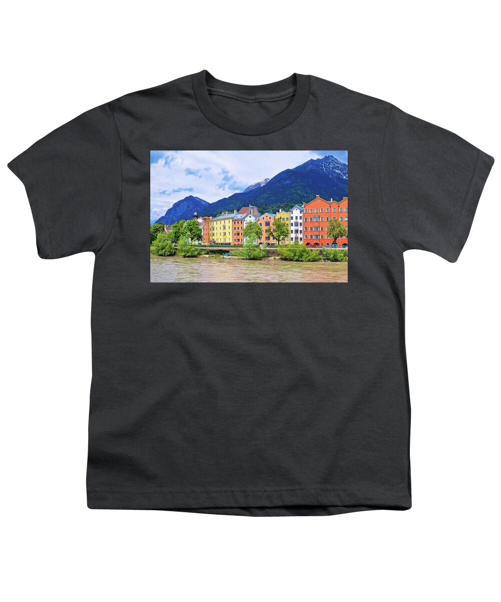 Inn Youth T-Shirt featuring the photograph City of Innsbruck colorful Inn river waterfront panorama #2 by Brch Photography