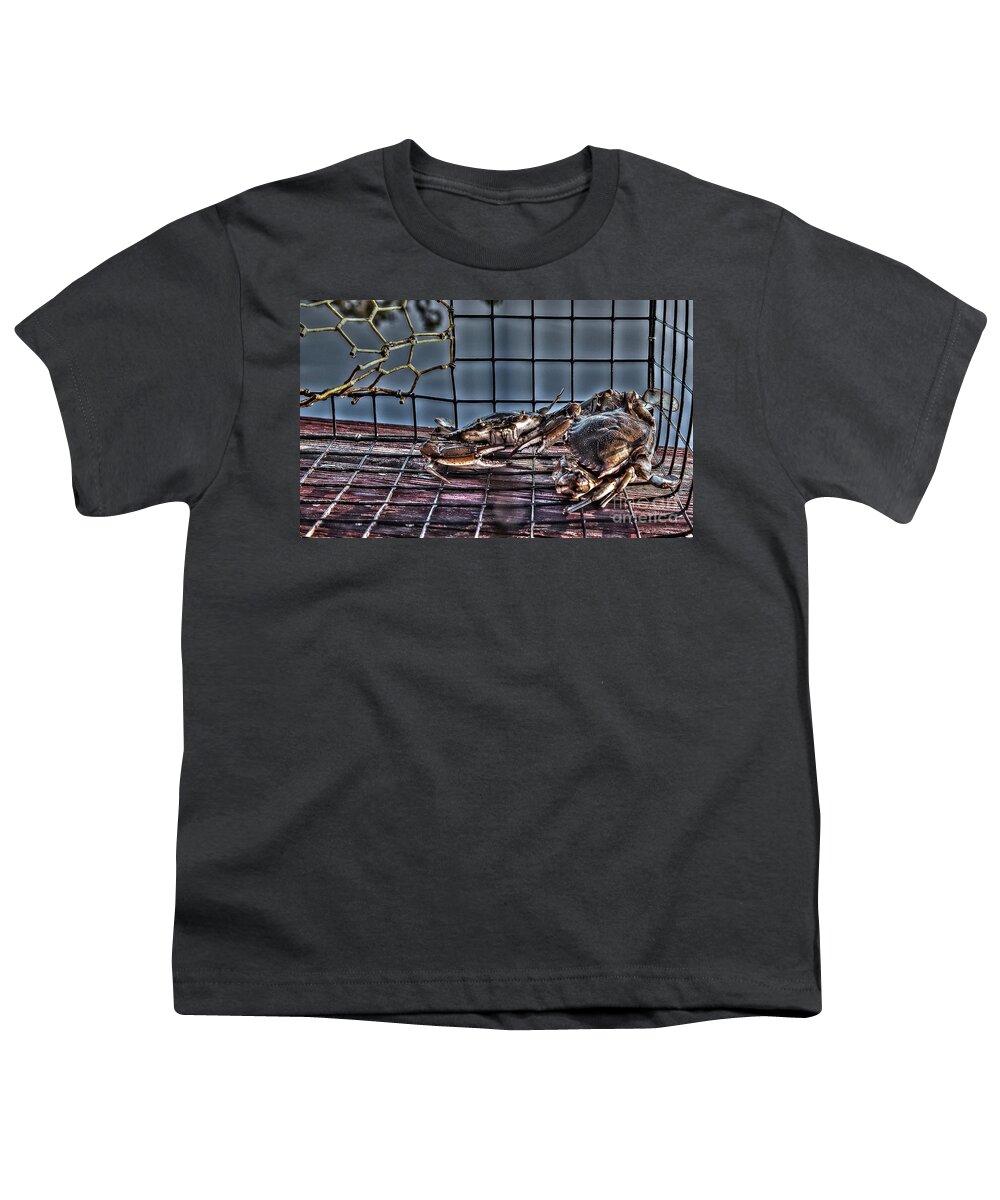 Blue Crab Youth T-Shirt featuring the photograph 2 Crabs in trap by Gulf Coast Aerials -