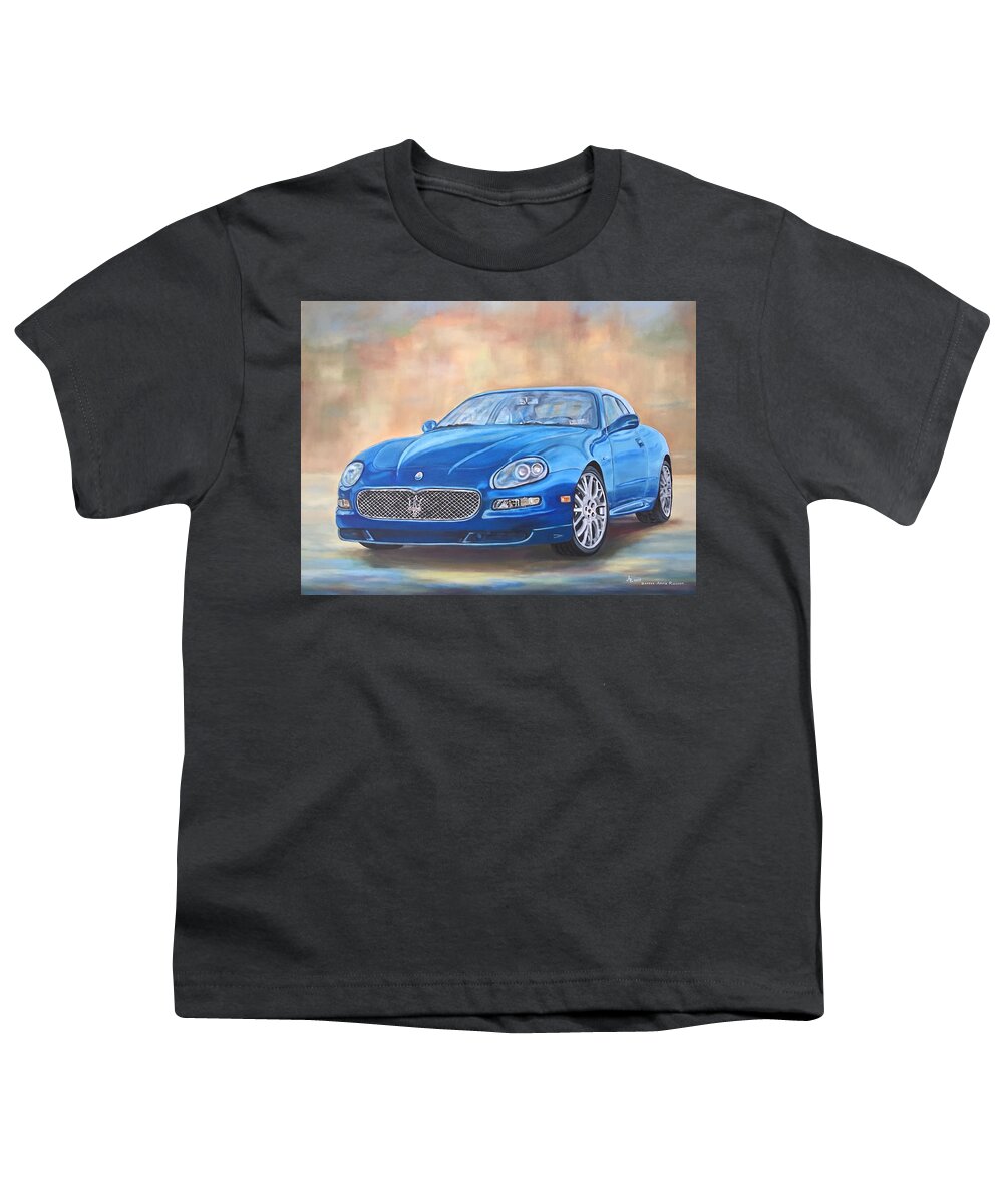 Maserati Youth T-Shirt featuring the painting 2005 Blue Maserati Gransport by Anna Ruzsan