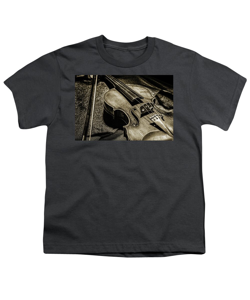 Violin Youth T-Shirt featuring the photograph 205 .1841 Violin by Jean Baptiste Vuillaume BW by M K Miller