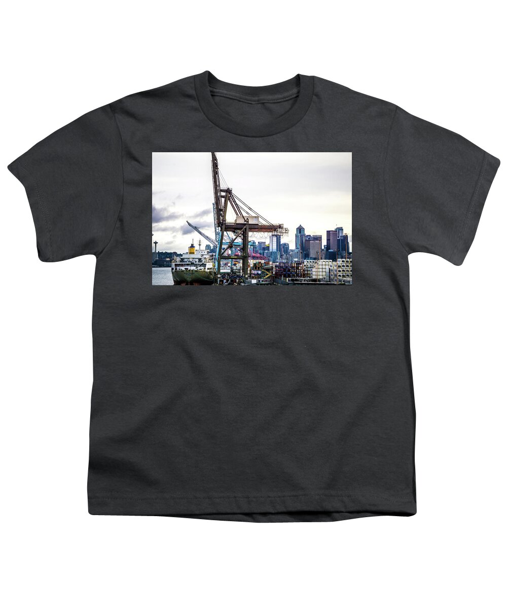 Port Youth T-Shirt featuring the photograph Port Of Seattle With Downtown Skyline Early Morning #4 by Alex Grichenko