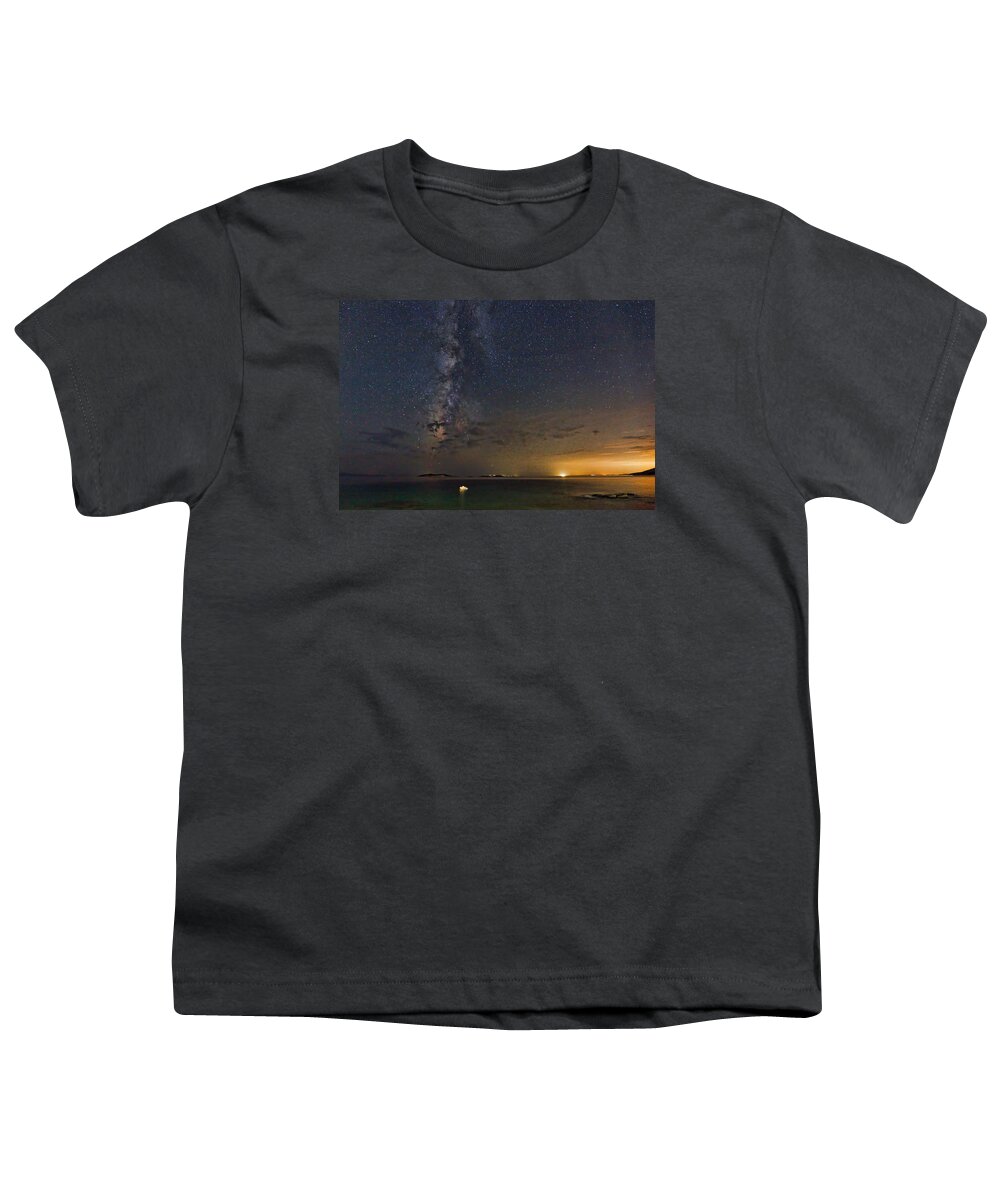 Boat Youth T-Shirt featuring the photograph A boat under the Milky Way in Andros - Greece by Constantinos Iliopoulos