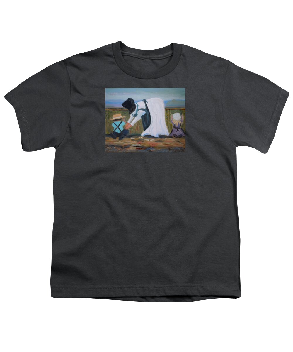 Amish Youth T-Shirt featuring the painting Amish Picking Peas by Francine Frank