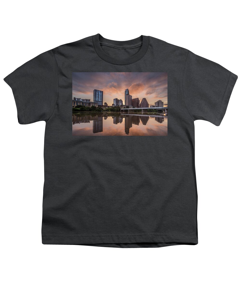 Austin Youth T-Shirt featuring the photograph Austin Skyline Sunrise Reflection by Todd Aaron