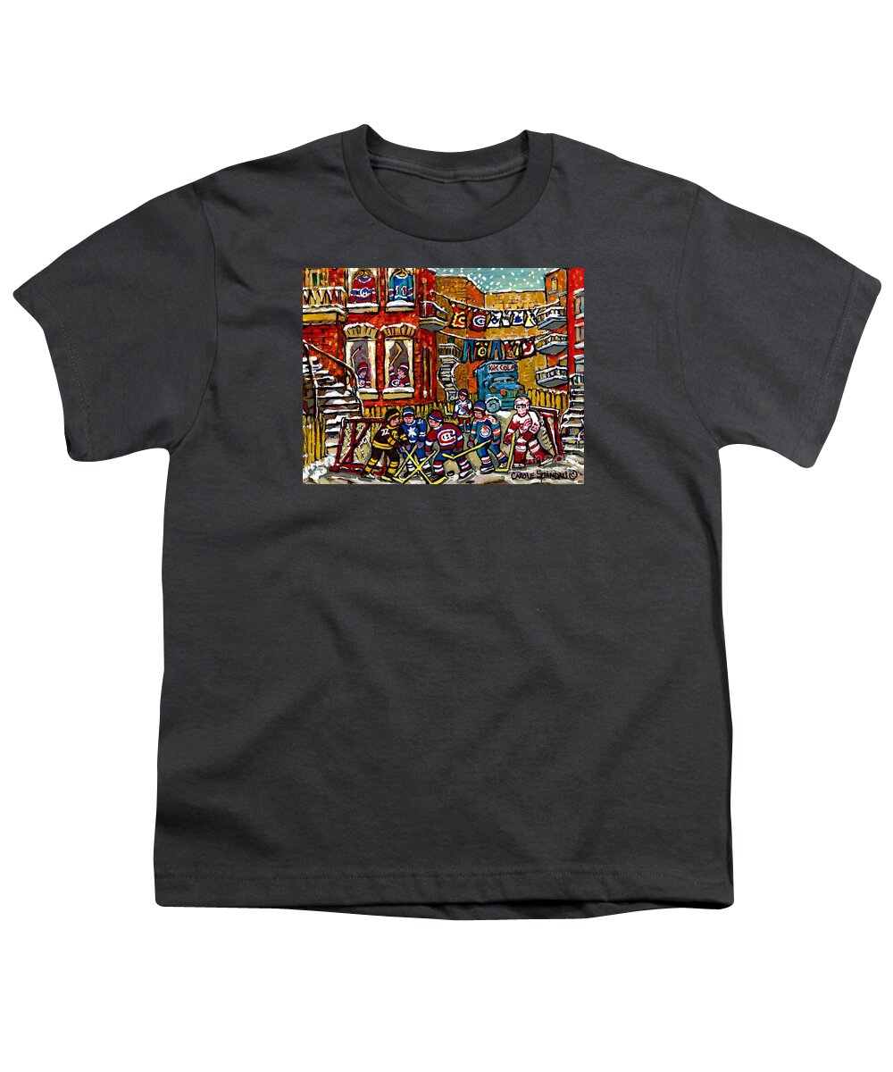 Montreal Youth T-Shirt featuring the painting Backlane Winter In The City Original Six Hockey Art Verdun Montreal Snowy Alley Laneway Canadian Art by Carole Spandau