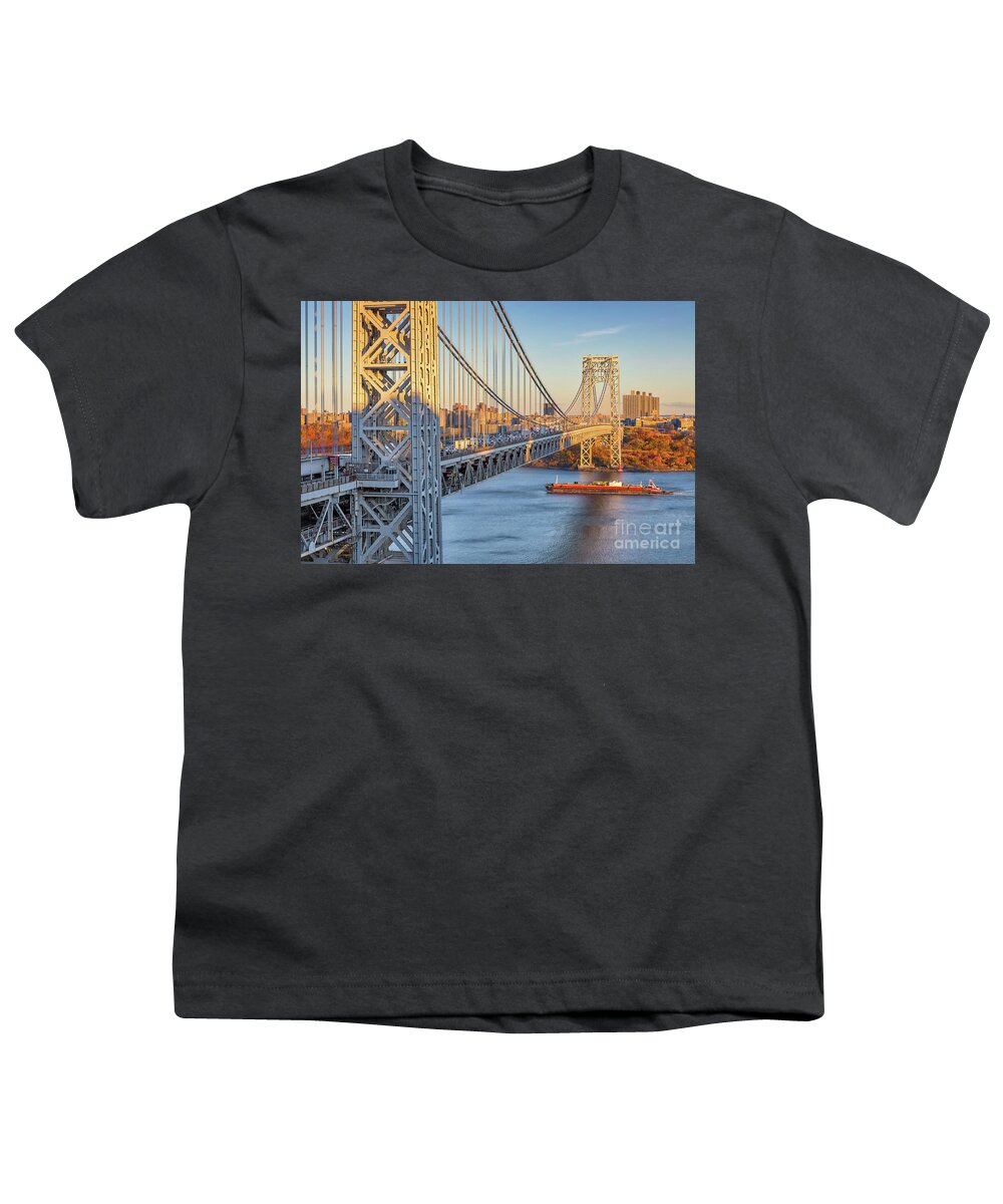Architectural Youth T-Shirt featuring the photograph Barge Passing Under the GWB by Jerry Fornarotto