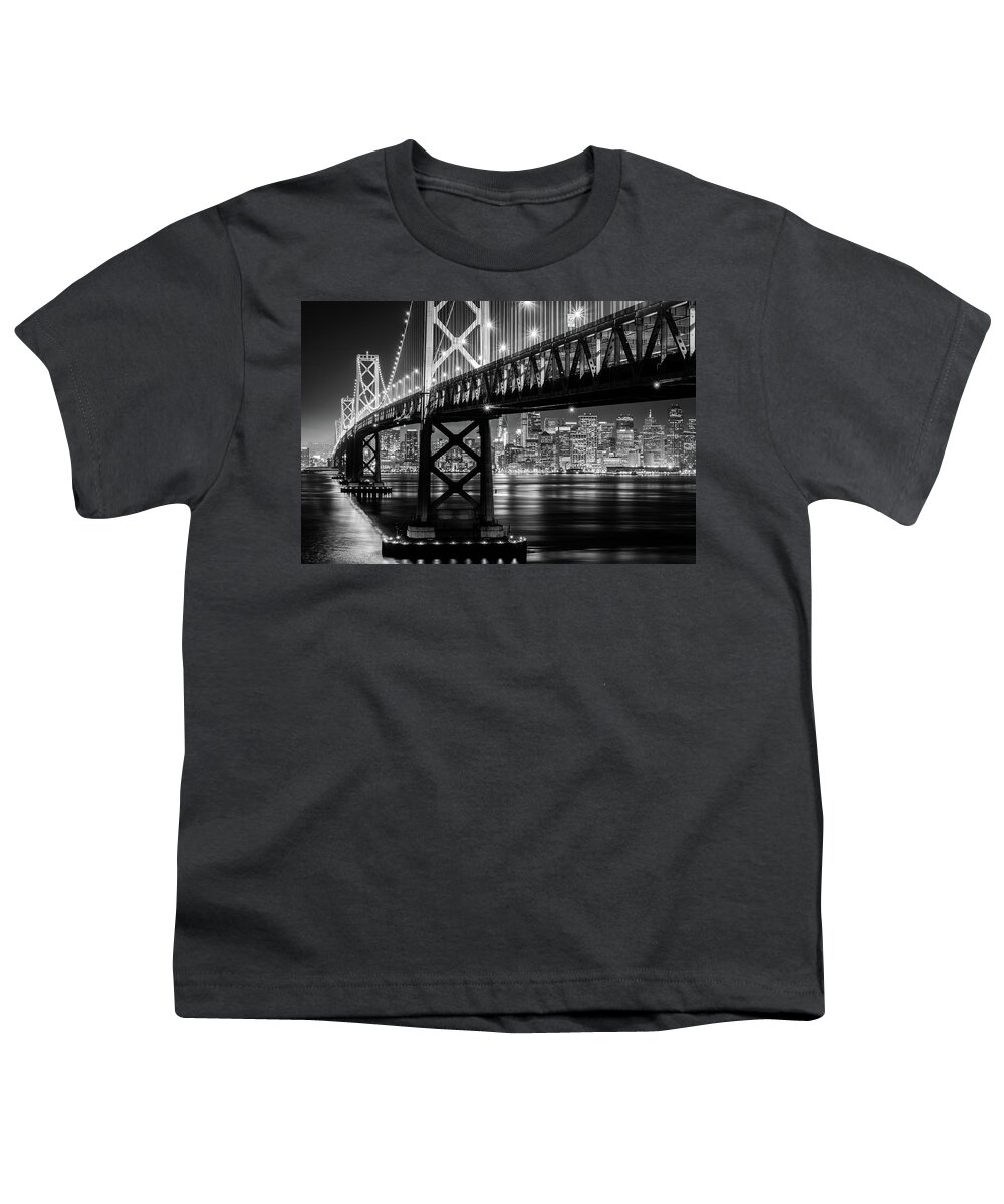 Bay Area Youth T-Shirt featuring the photograph Bay Bridge and San Francisco By Night 10 Monochrome by Jason Chu
