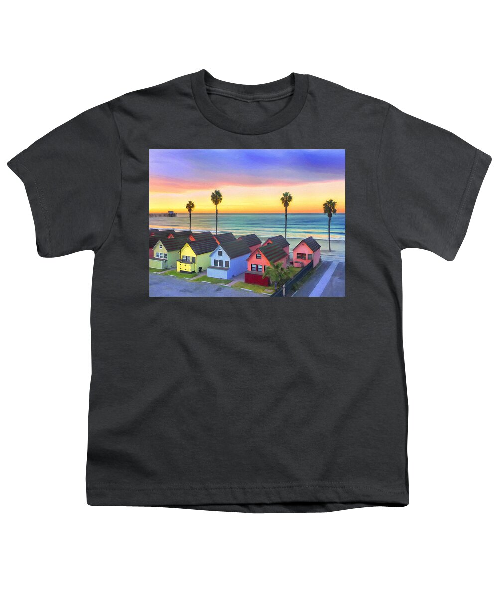 Beach Youth T-Shirt featuring the painting Beach Cottages in Oceanside by Dominic Piperata