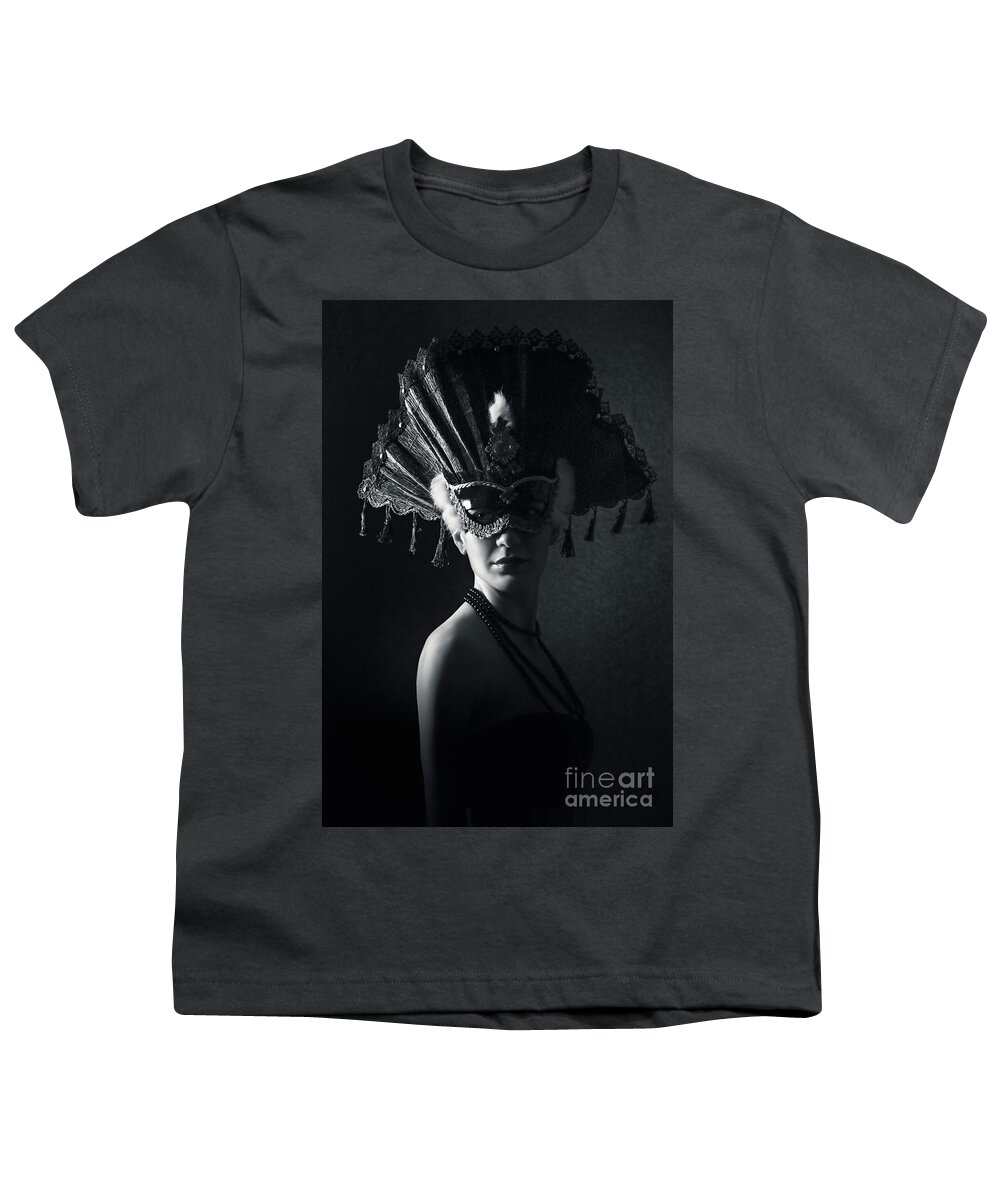 Fashion Youth T-Shirt featuring the photograph Beautiful Girl With Venetian Carnival Mask in Black and White by Dimitar Hristov
