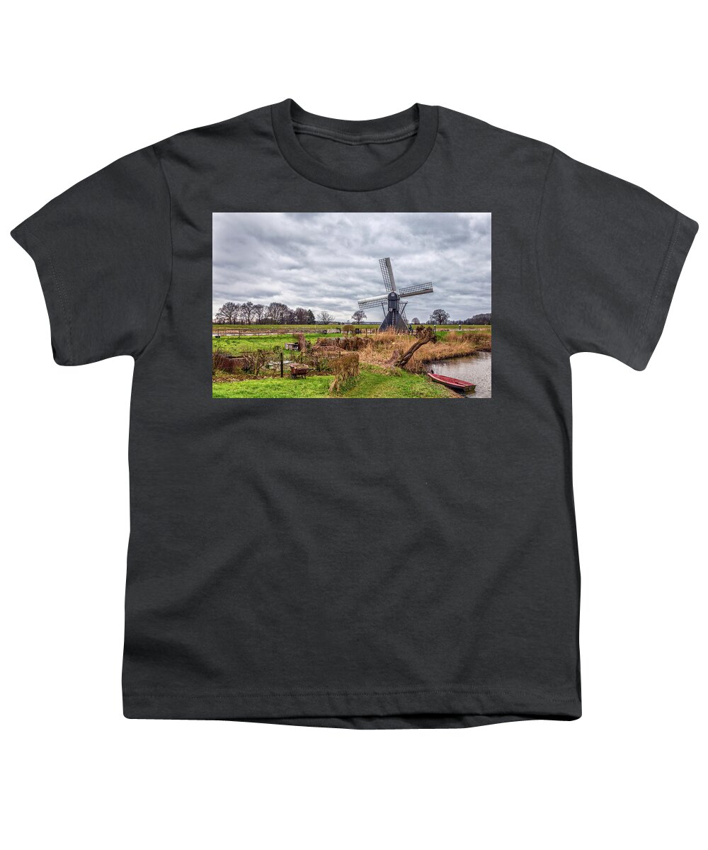 Windmill Youth T-Shirt featuring the photograph Beautiful landscape with a spiderhead mill in the Netherlands by Tim Abeln