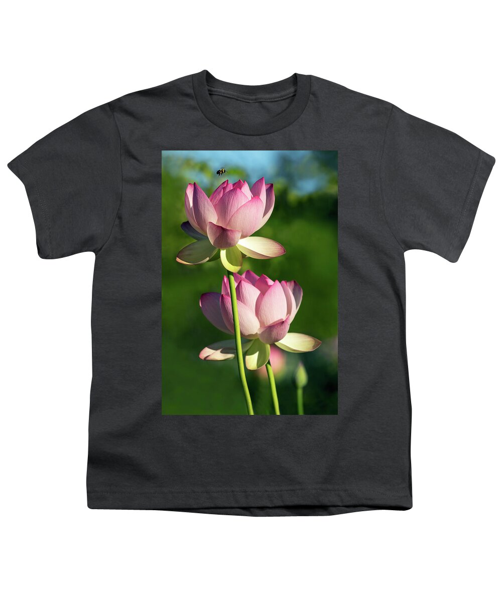 Lotus Youth T-Shirt featuring the photograph Bee Makes Three by Art Cole