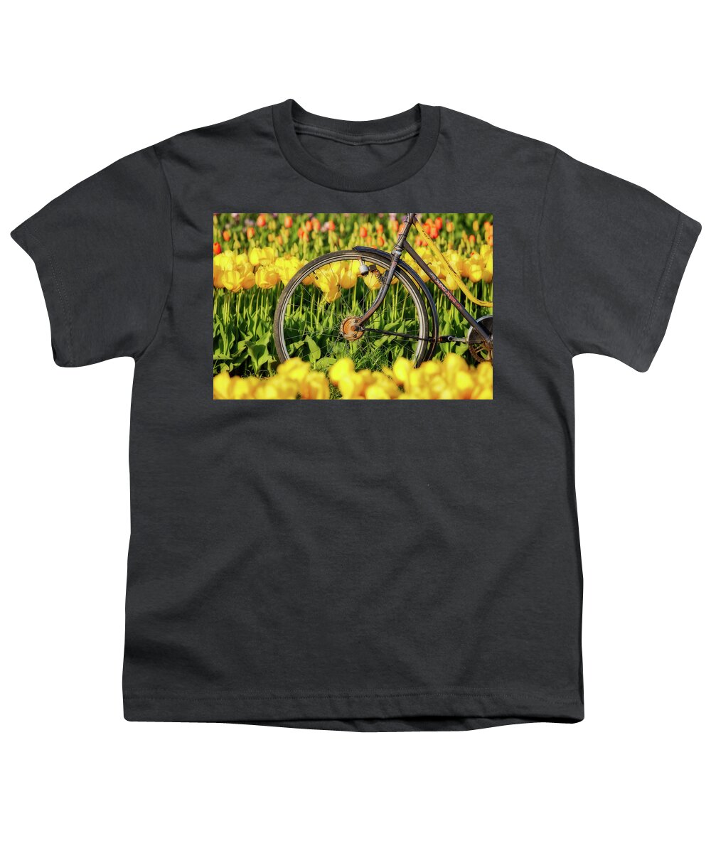 Beautiful Youth T-Shirt featuring the photograph Bicycle Wheel and Tulips by Jerry Fornarotto