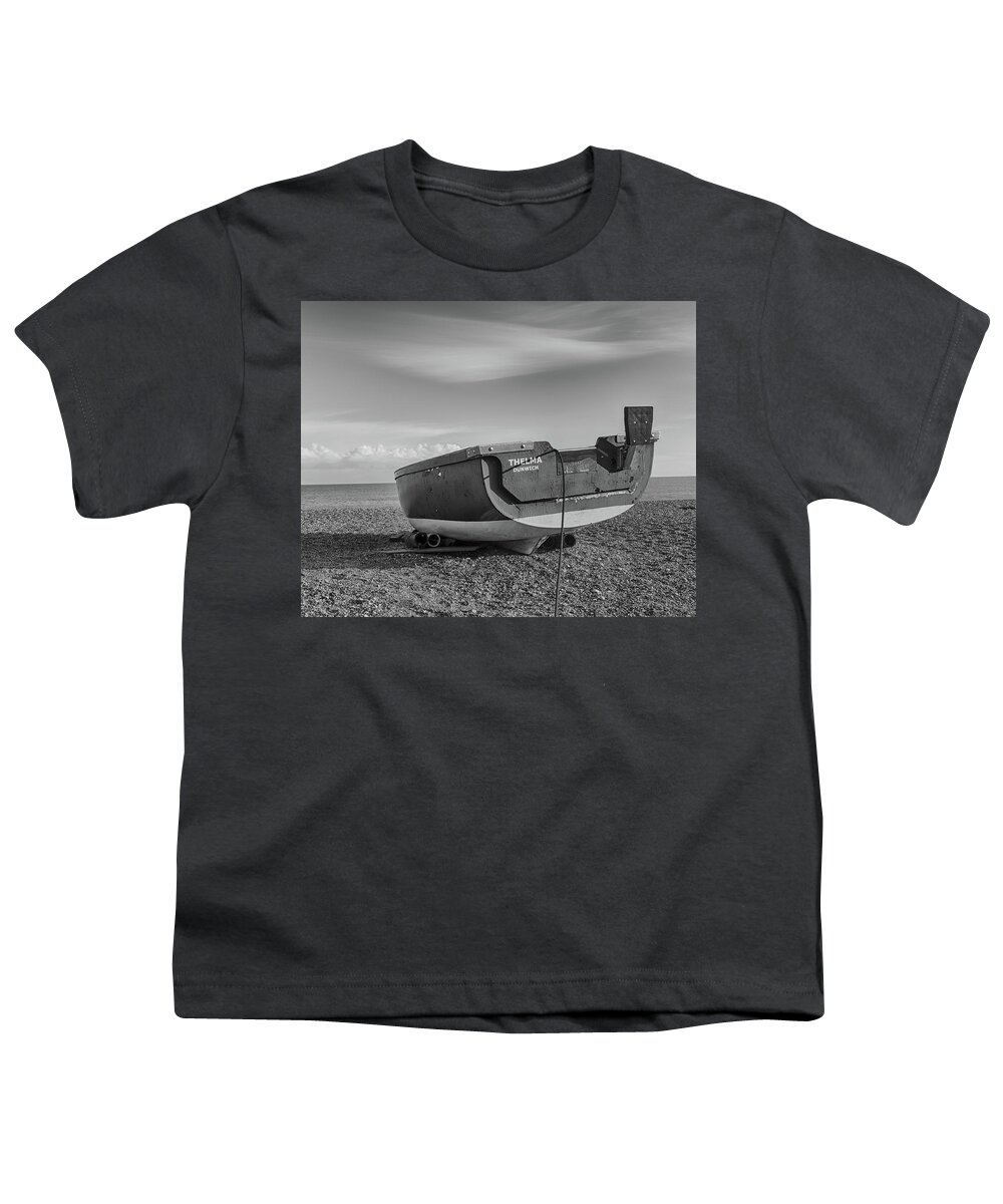 Dunwich Youth T-Shirt featuring the photograph Boat on the Beach in B and W by Leah Palmer