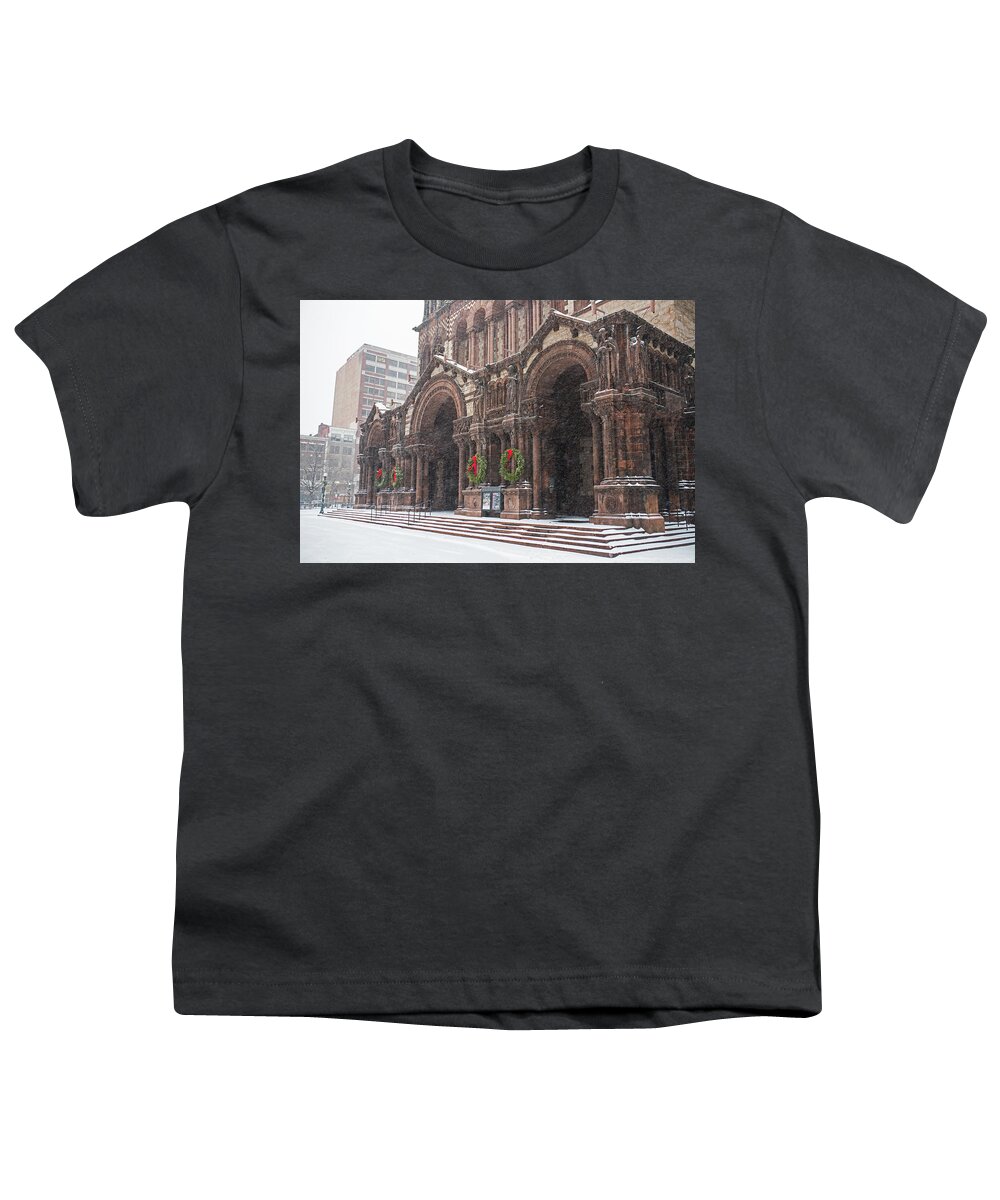 Boston Youth T-Shirt featuring the photograph Boston Trinity Church Christmas Wreaths Boston MA by Toby McGuire