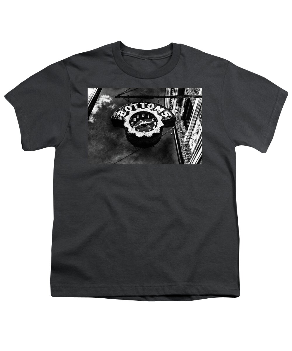 Bardstown Youth T-Shirt featuring the photograph Bottoms Clock Sign Black and White by Sharon Popek