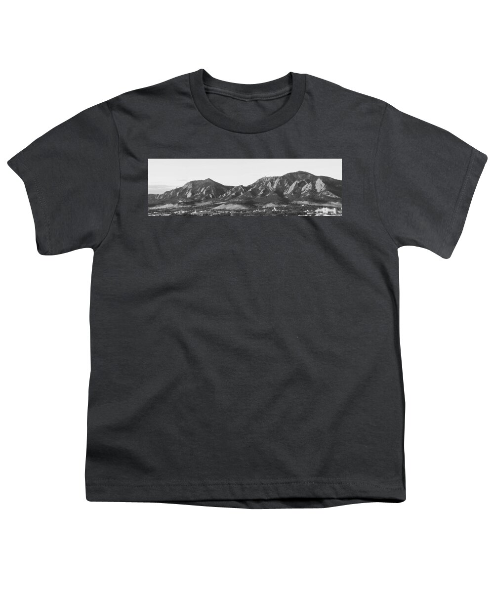 'boulder Photos' Youth T-Shirt featuring the photograph Boulder Colorado Flatirons and CU Campus Panorama BW by James BO Insogna