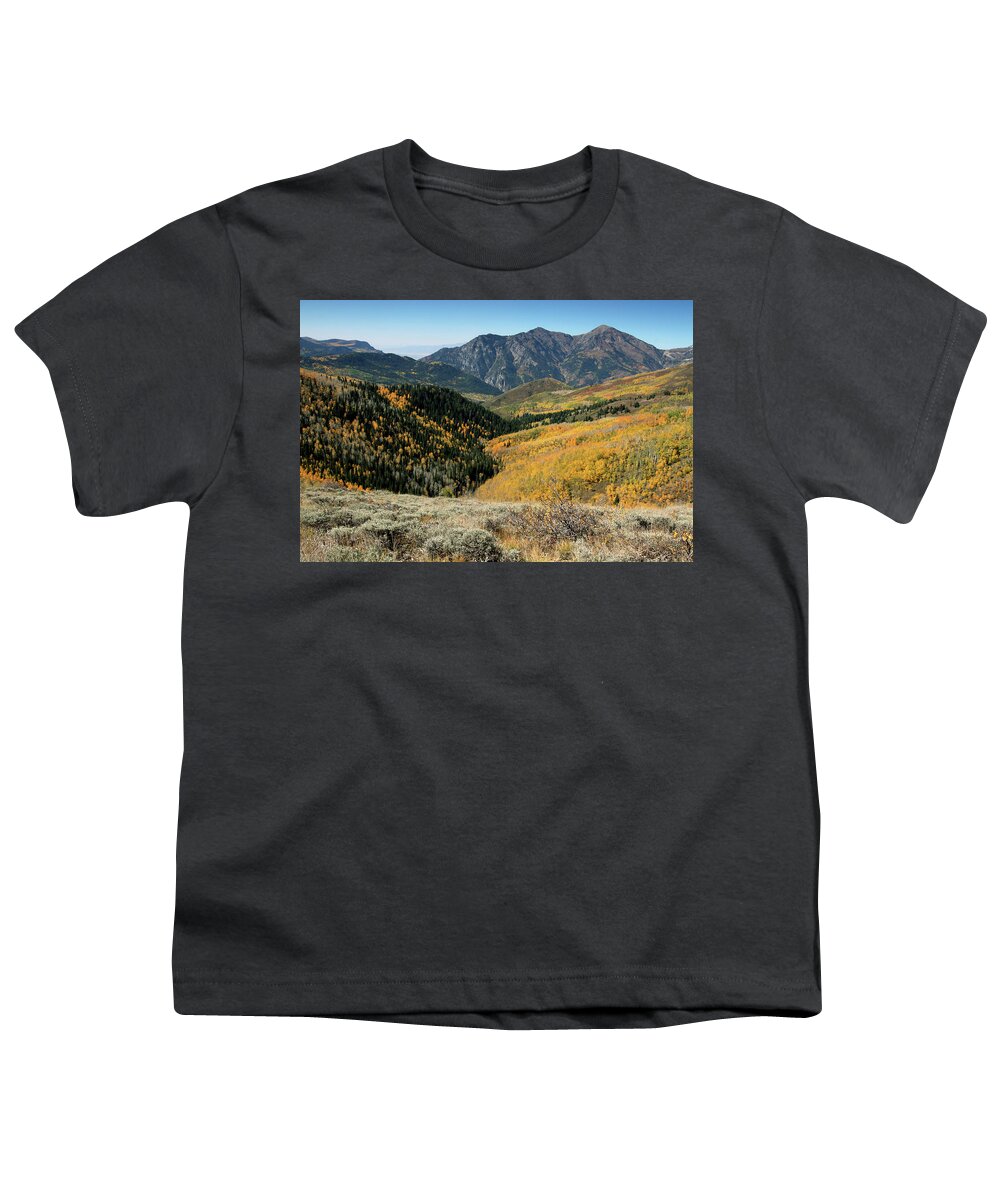 Mountains Youth T-Shirt featuring the photograph Box Elder Peak with Yellow Aspens by Brett Pelletier