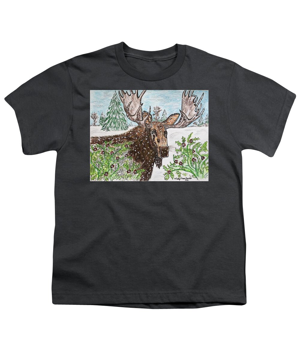 Bull Moose Youth T-Shirt featuring the painting Bull Moose in The Wilderness by Kathy Marrs Chandler