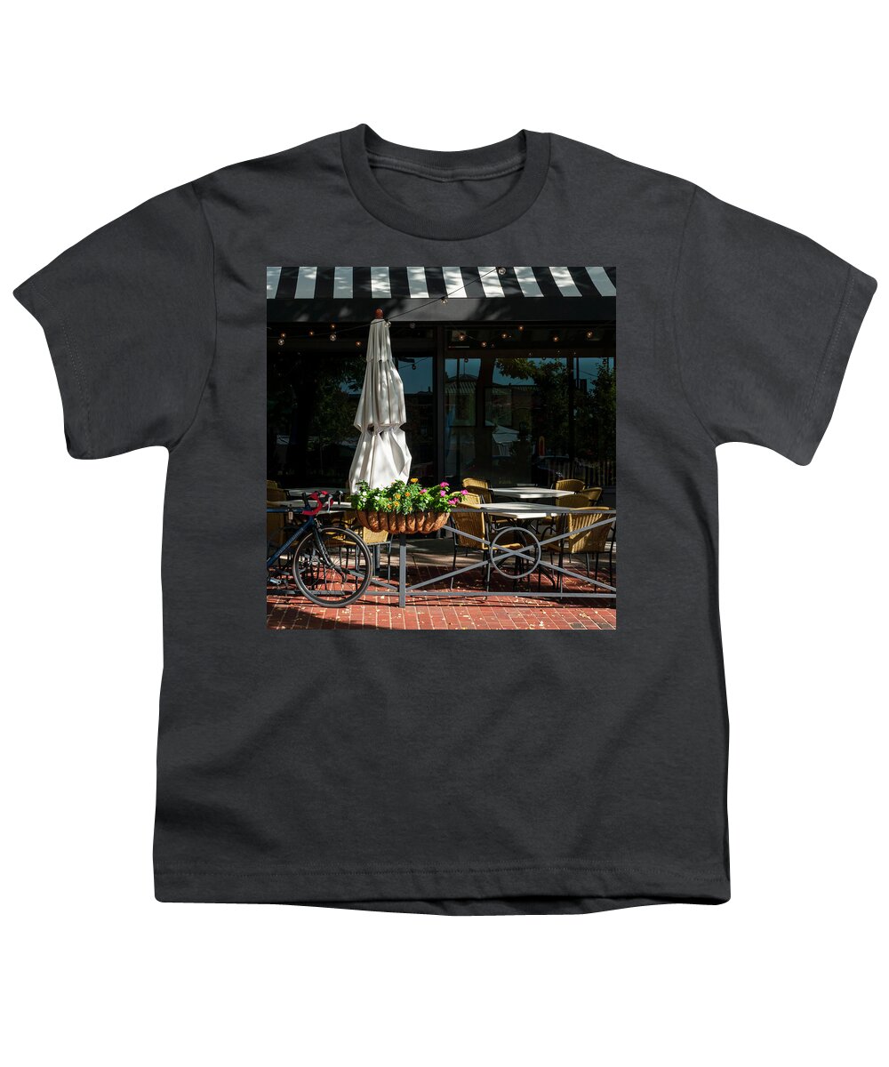 City Youth T-Shirt featuring the photograph Cafe Umbrella 3105 by Ginger Stein