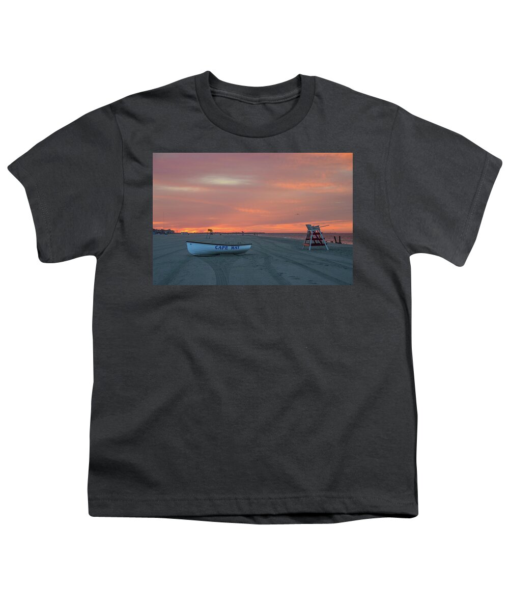 Cape; May; New; Jersey; Fire; In; The; Sky; New; Jersey; Beach; Shore; Lifeboat; Life; Boat; Bill; Cannon; Photography Youth T-Shirt featuring the photograph Cape May - Red Skies by Bill Cannon