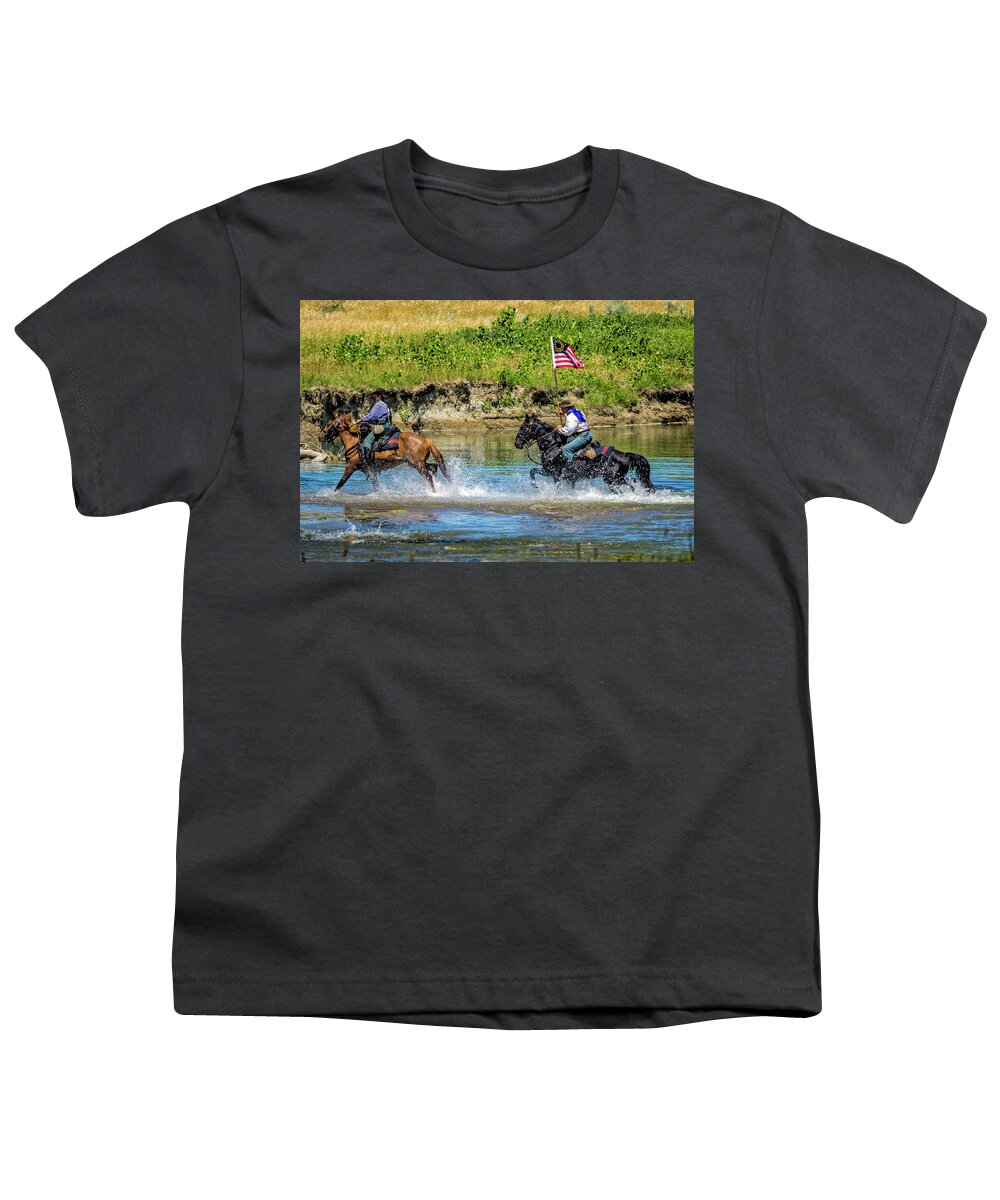 Little Bighorn Re-enactment Youth T-Shirt featuring the photograph Cavalry Troops Crossing Little Bighorn River by Donald Pash