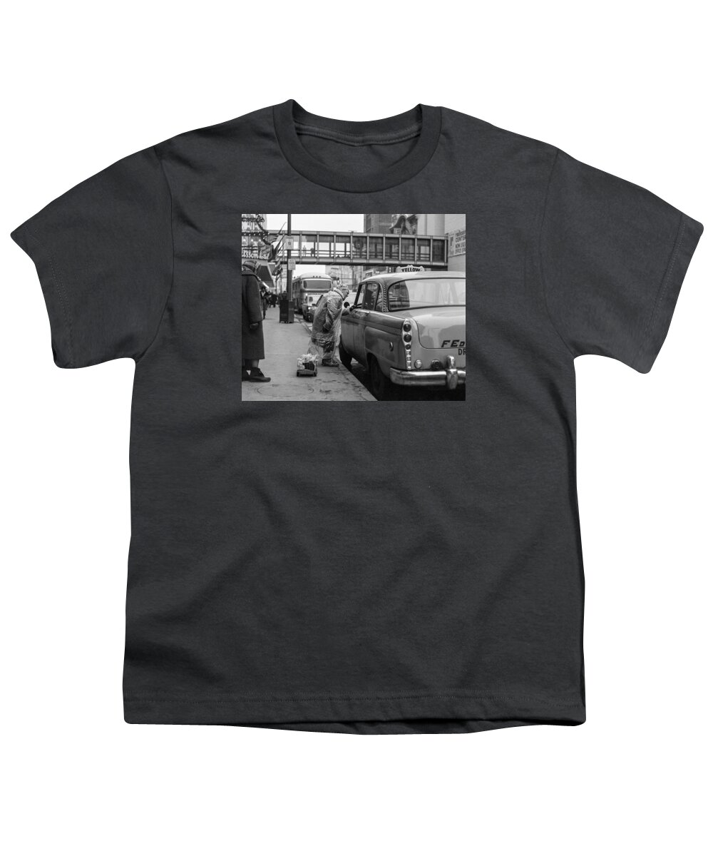 Downtown_printed Youth T-Shirt featuring the photograph Chatting up a cabby on 7th Street by Mike Evangelist