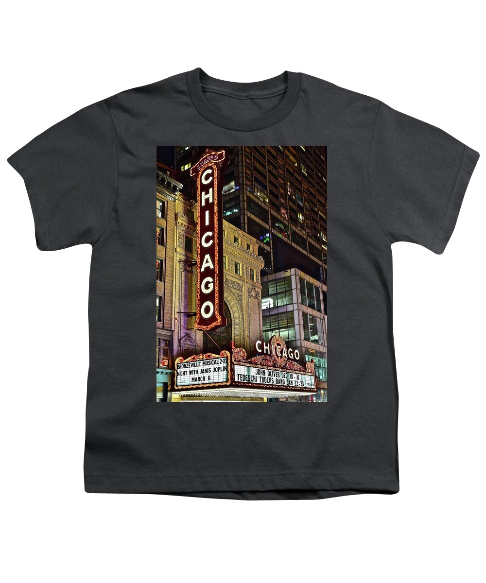 Chicago Youth T-Shirt featuring the photograph Chicago Theater Close Up by Frozen in Time Fine Art Photography