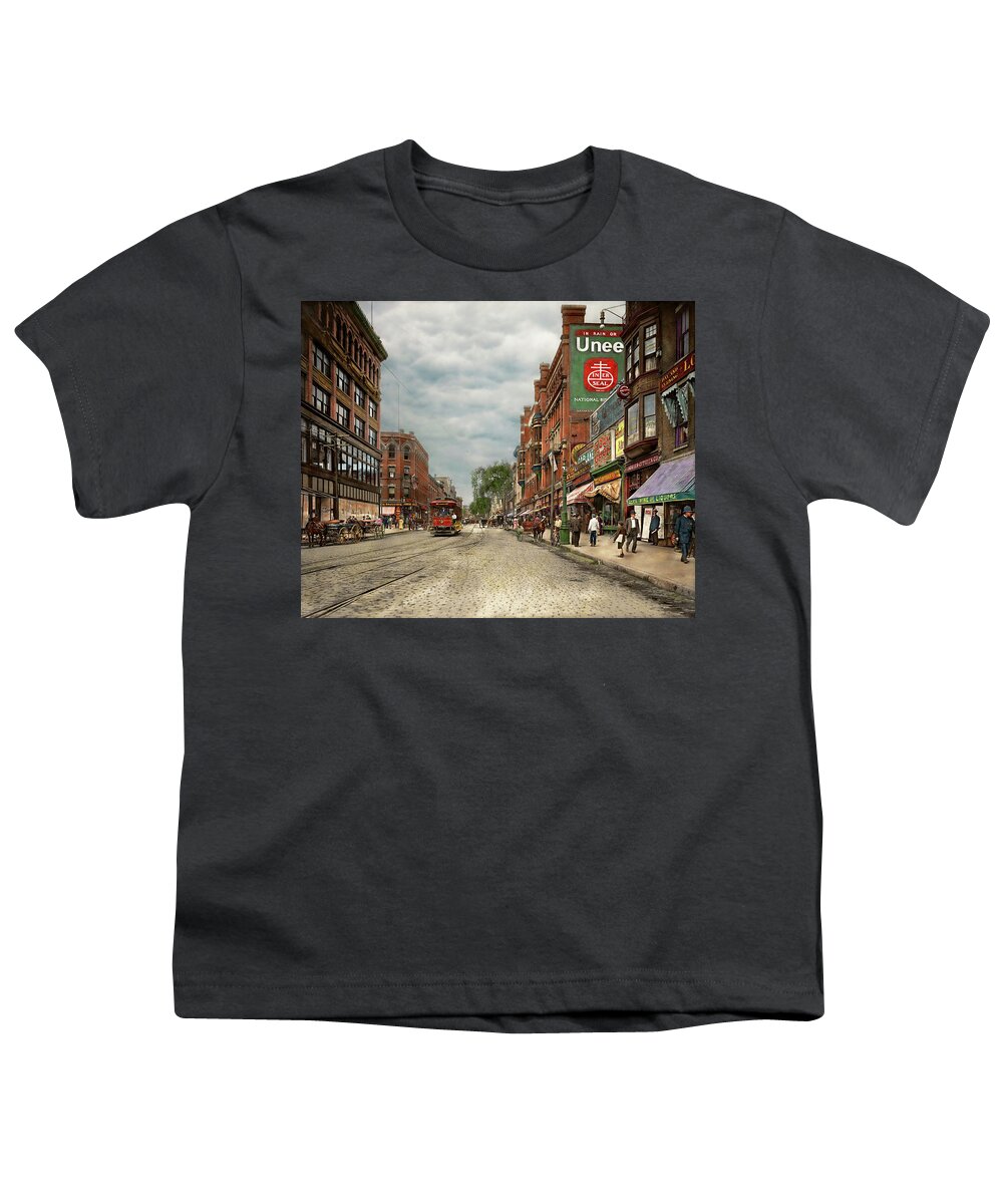 Self Youth T-Shirt featuring the photograph City - Lowell MA - A dam good company 1908 by Mike Savad