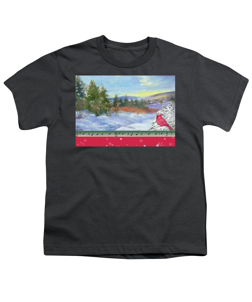 Snowscape Youth T-Shirt featuring the painting Classic Winterscape with cardinal and reindeer by Judith Cheng