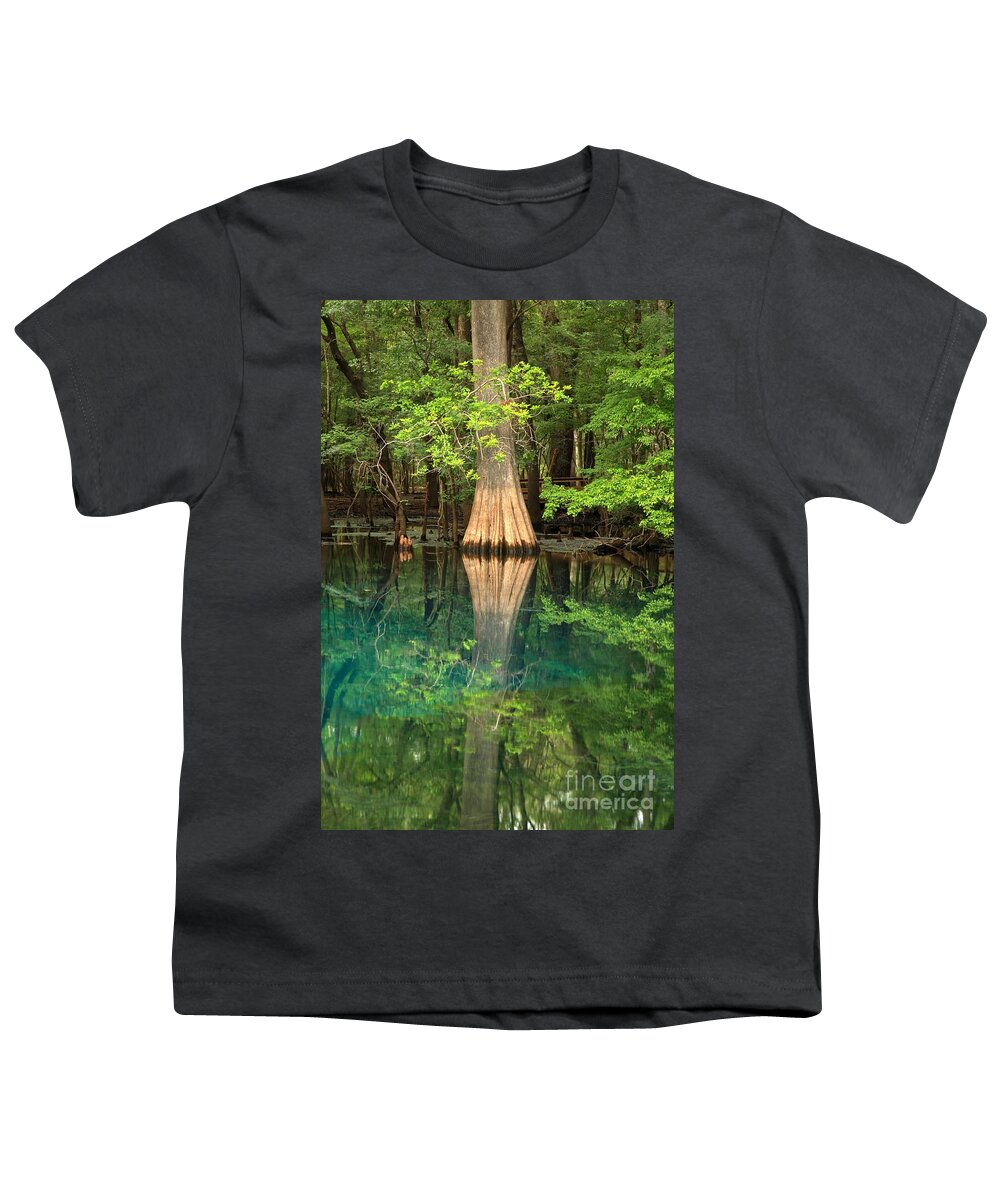 Manatee Springs Boat Launch Youth T-Shirt featuring the photograph Cypress Reflections In Manatee Spring Waters by Adam Jewell