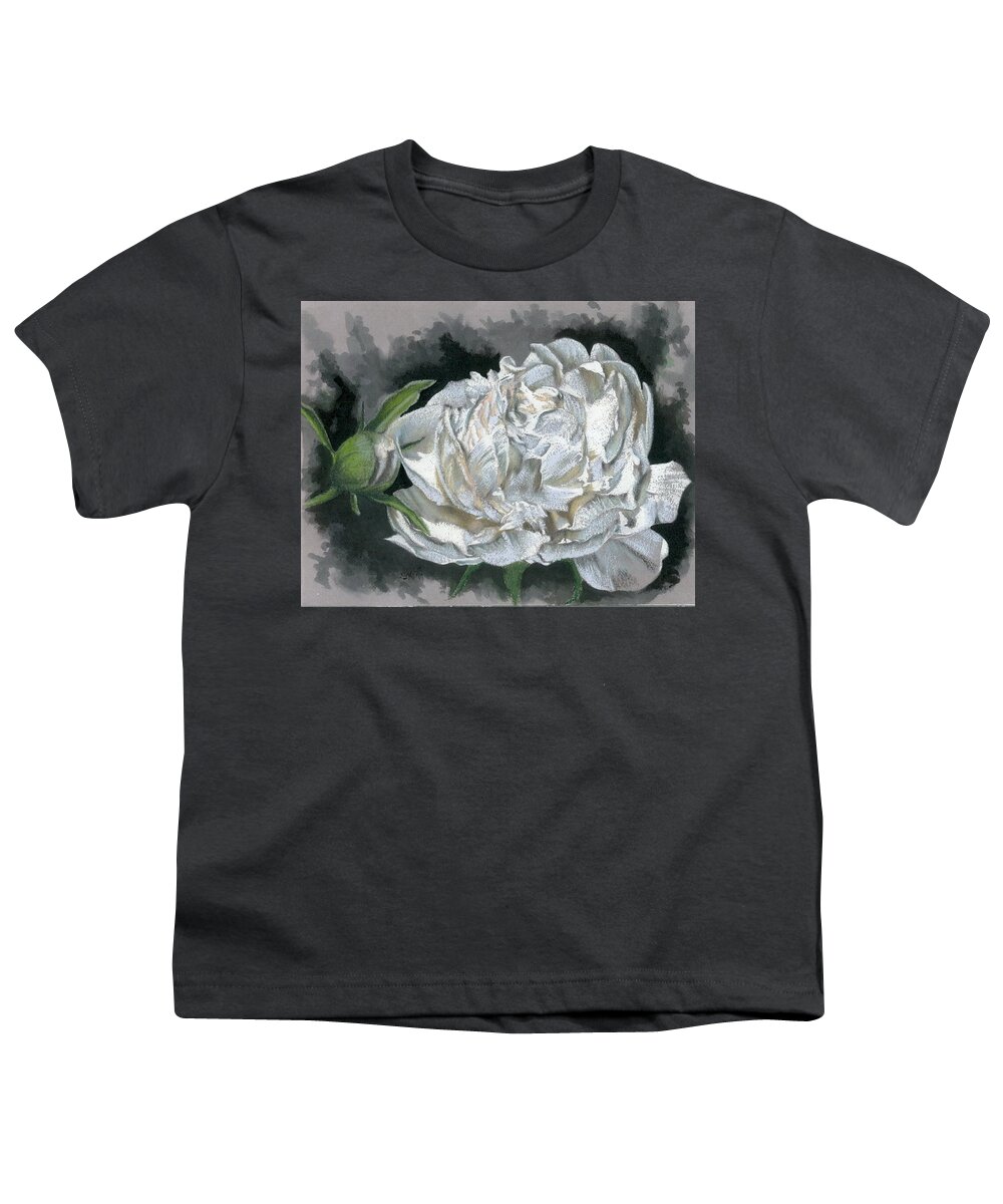 Peony Youth T-Shirt featuring the mixed media Demure by Barbara Keith