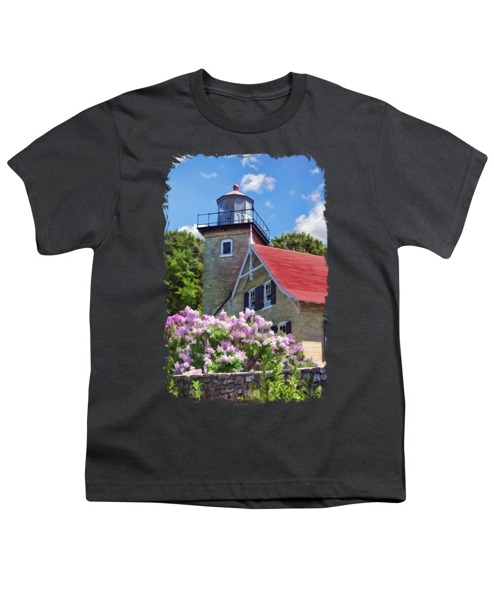 Door County Youth T-Shirt featuring the painting Door County Eagle Bluff Lighthouse Lilacs by Christopher Arndt
