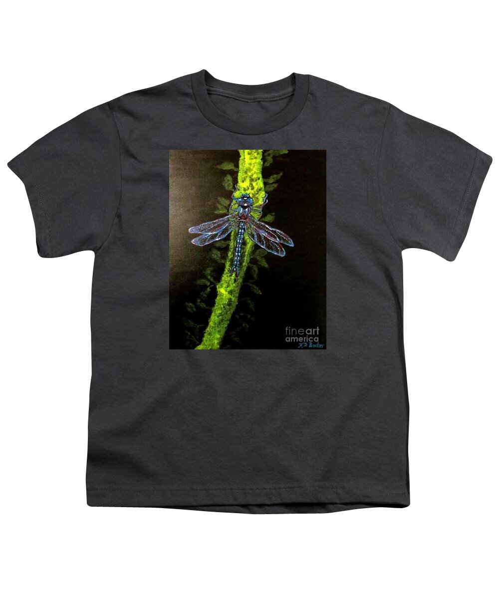 Luminous Blue Dragonfly Very Realistic With Back Lighted Black Canvas With Subtle Texture Pattern To Simulate Nightfall Chartreuse Limb Illuminated Scene Dragonfly Painting Acrylic Painting Youth T-Shirt featuring the painting Dragonfly Drama by Kimberlee Baxter