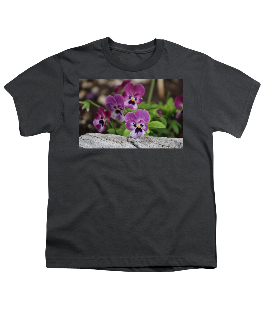 Rustic Wood Youth T-Shirt featuring the photograph Duo Tone Purple Pansies and Rustic Wood by Colleen Cornelius