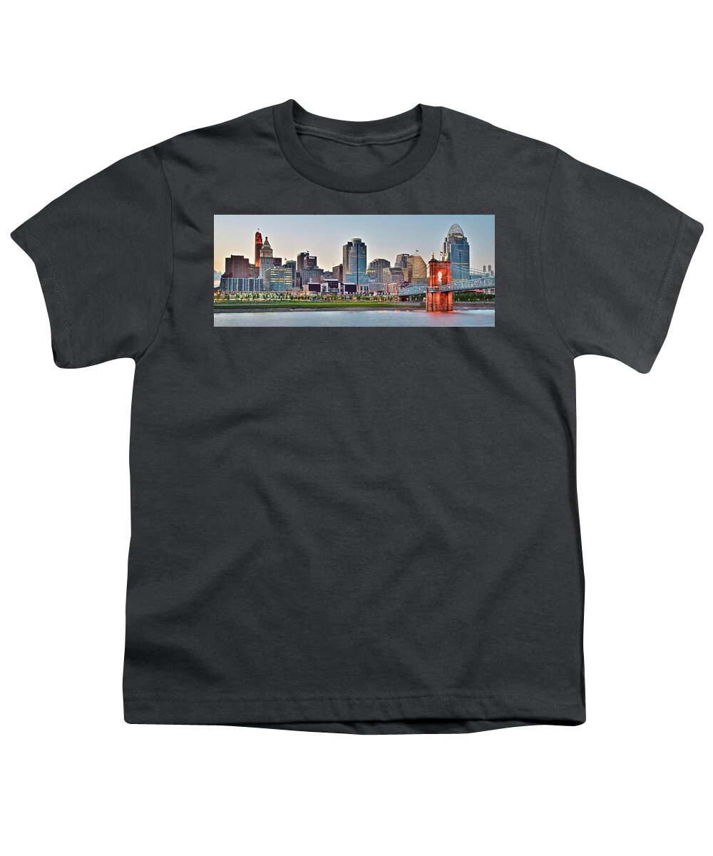 Cincinnati Youth T-Shirt featuring the photograph Dusk Pano in Cincinnati by Frozen in Time Fine Art Photography