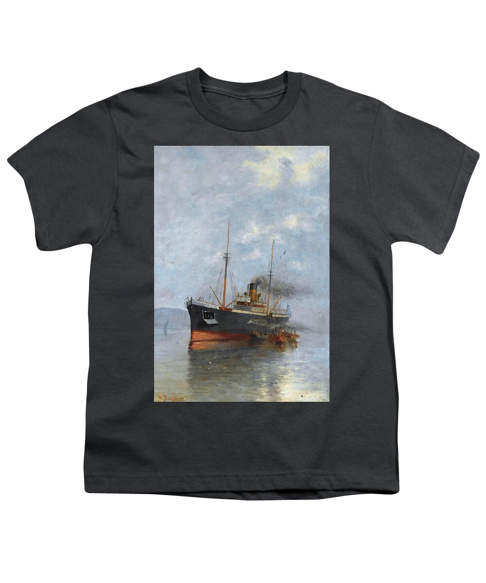 Vasilios Chatzis Youth T-Shirt featuring the painting Embraking the Steamship by Vasilios Chatzis