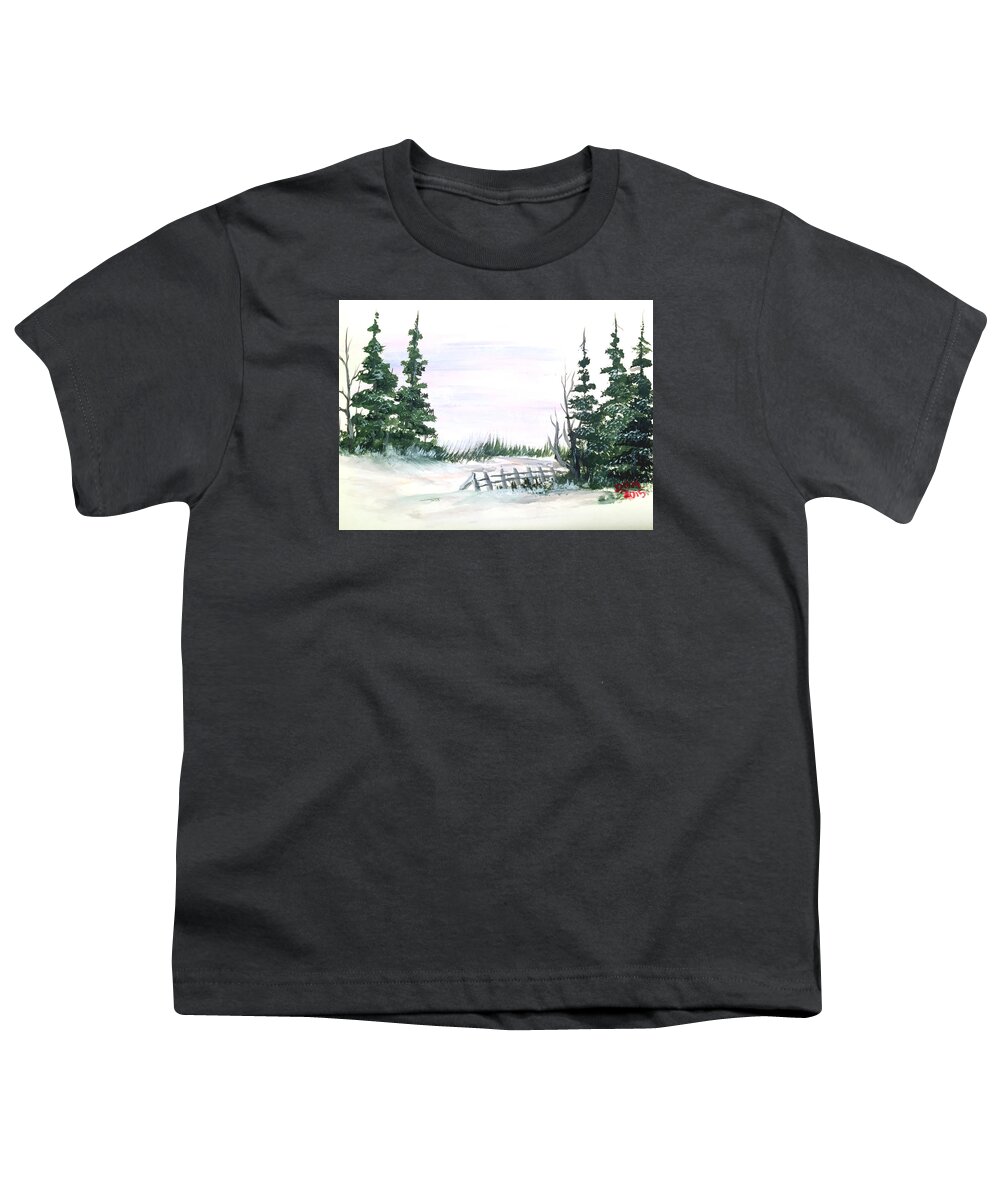 Winter Youth T-Shirt featuring the painting Evergreens in snow by Dorothy Maier