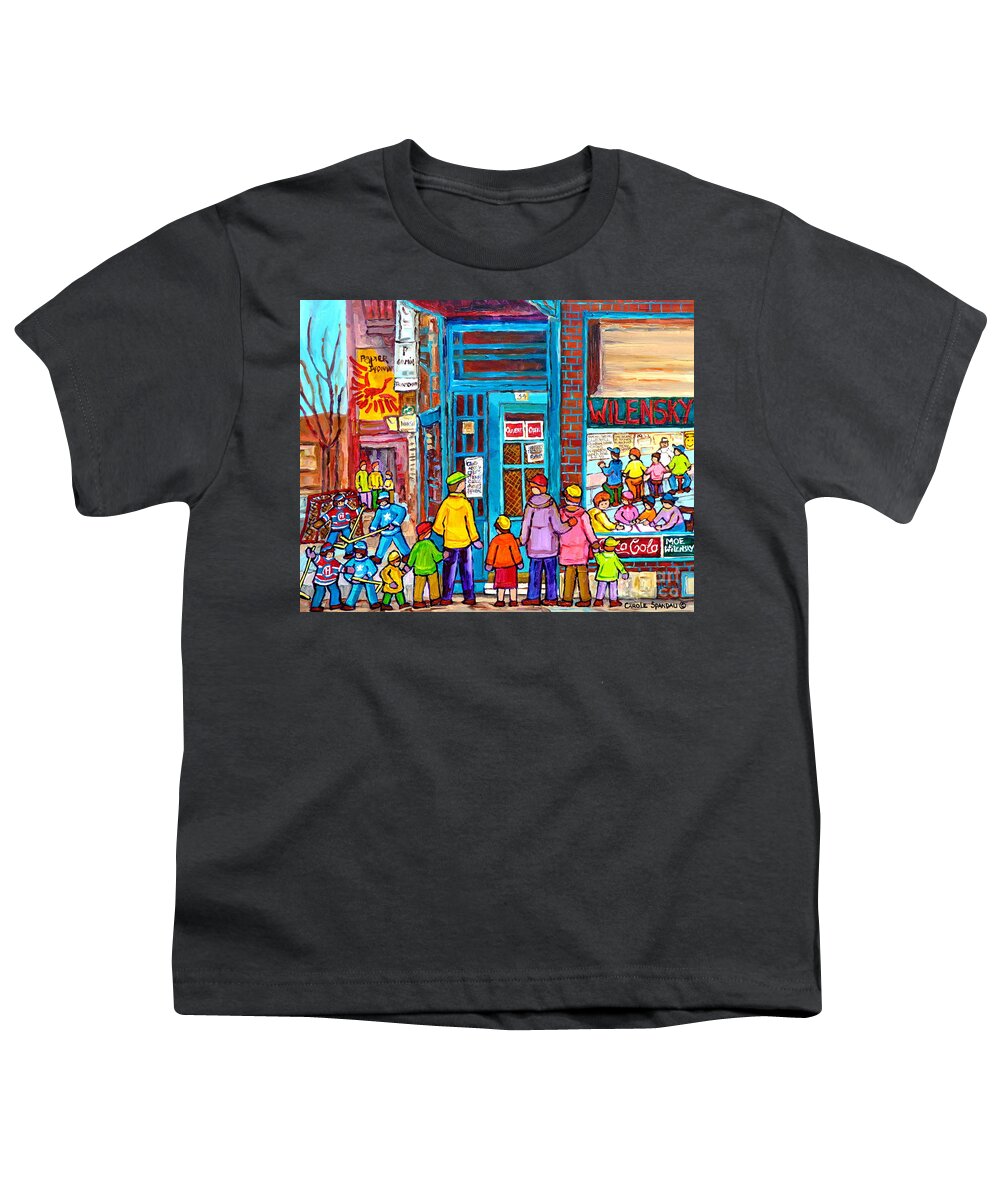Montreal Youth T-Shirt featuring the painting Family Day At Wilensky Lunch Counter Montreal Street Hockey Winter Scene Carole Spandau by Carole Spandau