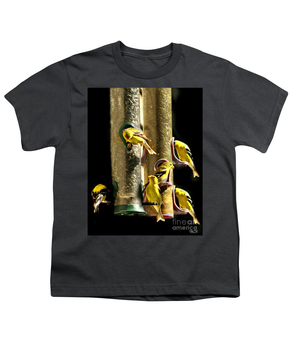 Birds Youth T-Shirt featuring the photograph Finch Feeding Frenzie by Barbara S Nickerson