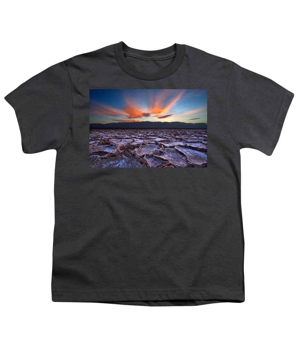 Badwater; Below Sea Level; Death Valley; Landscape; Minus 282; Mud; National Park; Ridges; Salt; Salt Pan; Sunset; Youth T-Shirt featuring the photograph Fire in the Sky and Embers Down Below by David Andersen