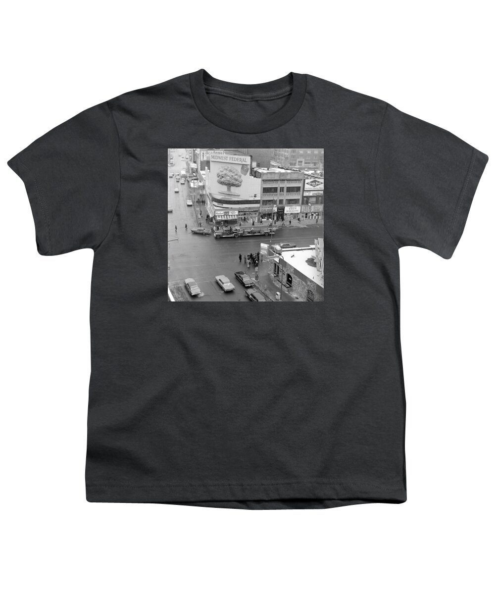 Downtown Minneapolis Youth T-Shirt featuring the photograph Firetruck heads down Hennepin by Mike Evangelist