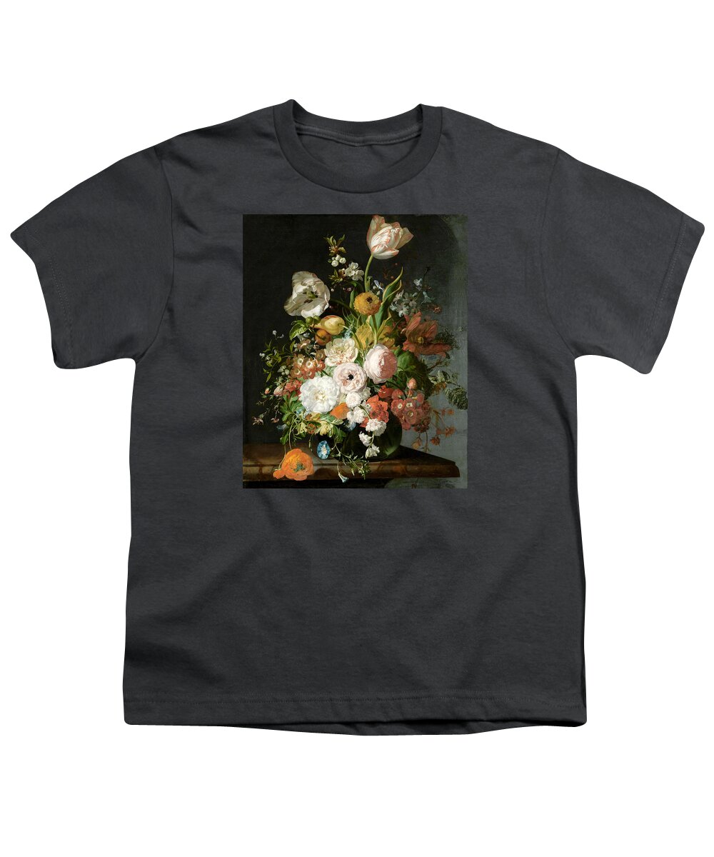 Still Life Youth T-Shirt featuring the painting Flowers in a Glass Vase by Rachel Ruysch