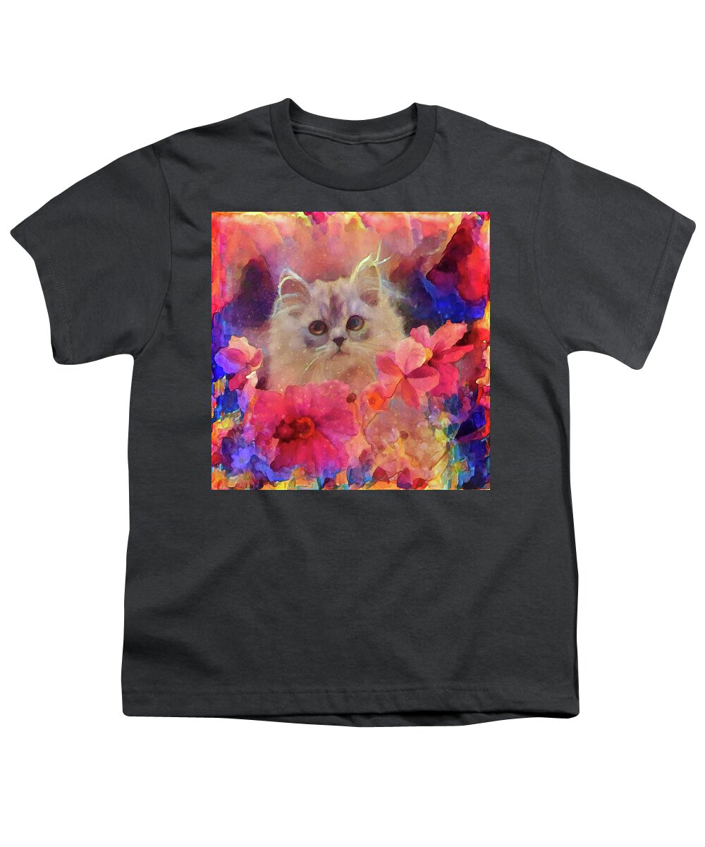 Flowery Kitty Youth T-Shirt featuring the mixed media Flowery Kitty by Lilia S