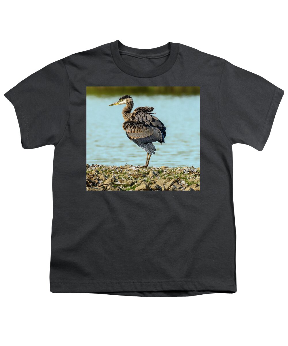 Heron Youth T-Shirt featuring the photograph Frenzied Blue Heron by Jerry Cahill