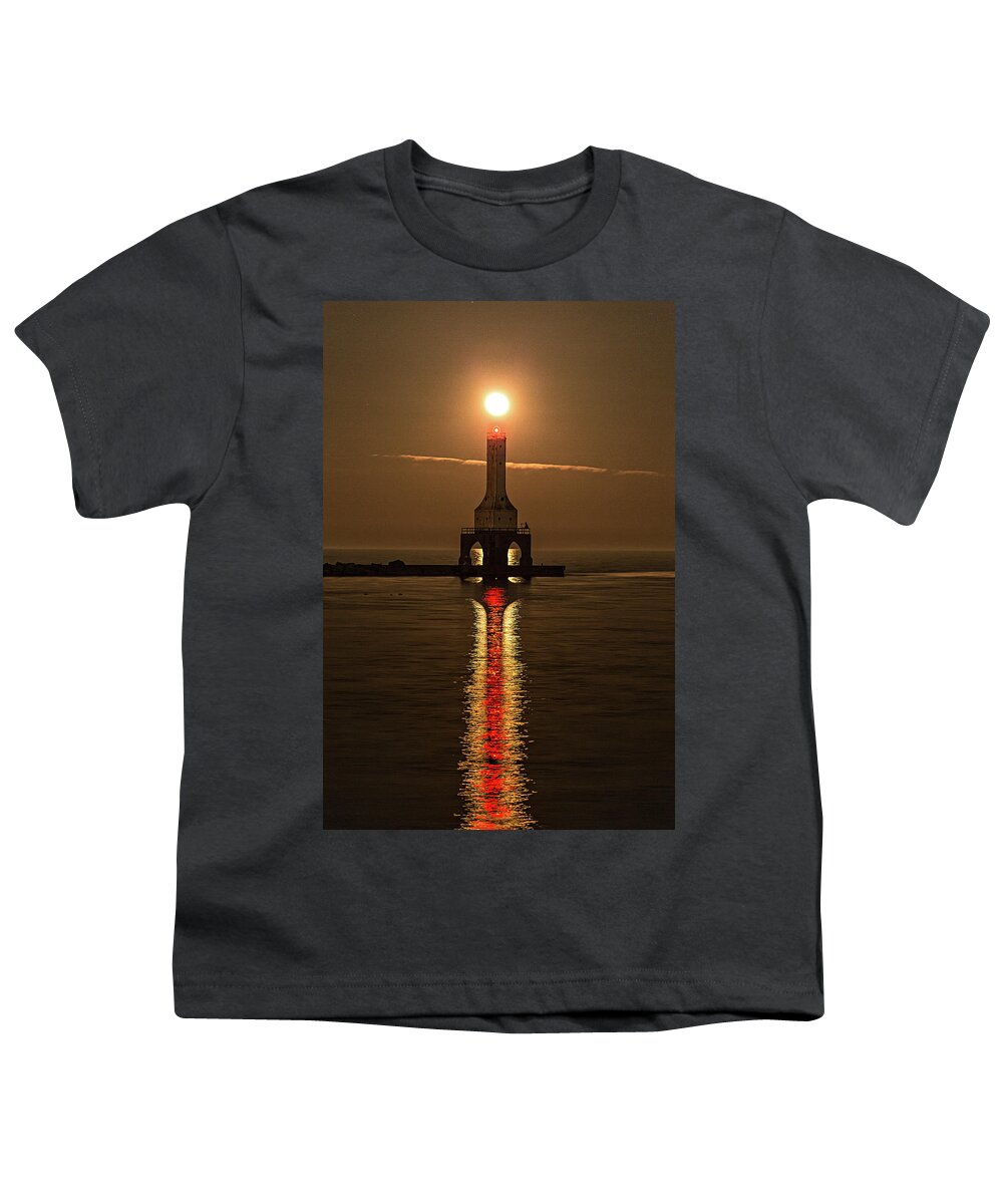 Port Washington Lighthouse Youth T-Shirt featuring the photograph Full Moon At The Port Lighthouse by Jeffrey Ewig