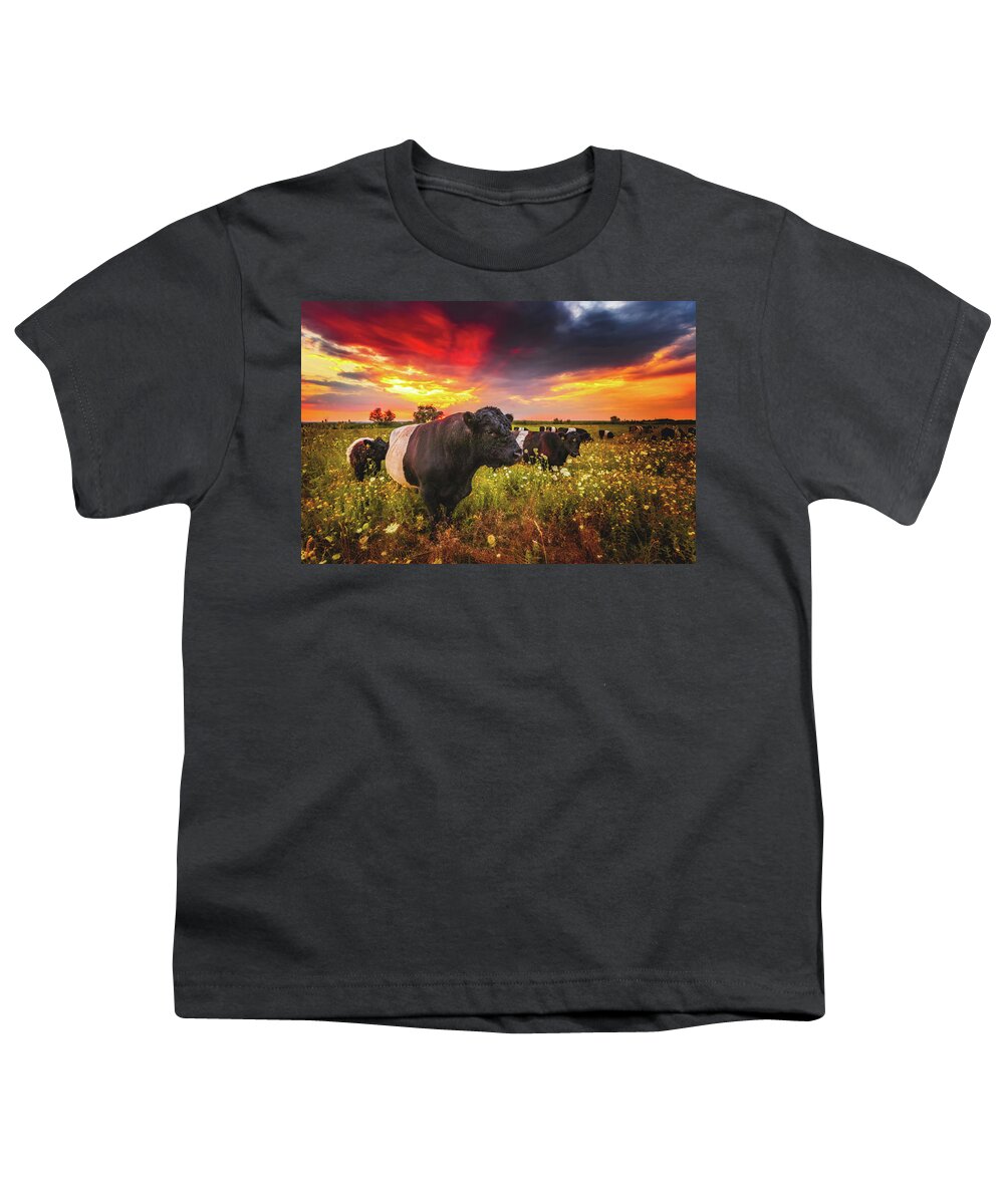 Worms Youth T-Shirt featuring the photograph Galloway Cattle during Sunset by Marc Braner