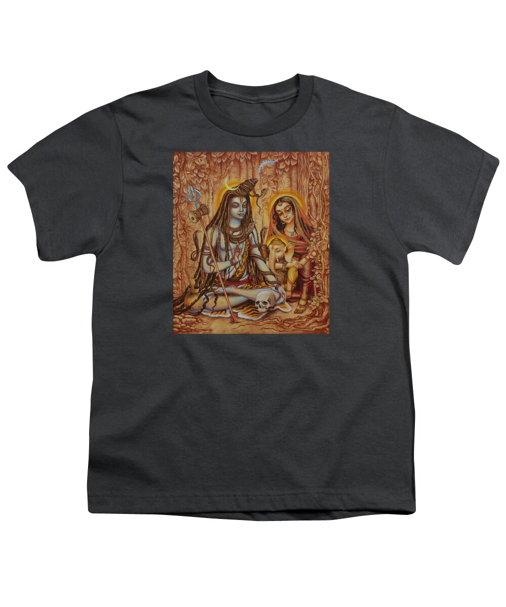 Shiva Youth T-Shirt featuring the painting Ganesha Parvati Mahadeva by Vrindavan Das